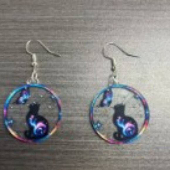Cat And a Butterfly Acrylic Earrings Stainless Steel Ear Needle 1.18 inch round - Picture 5 of 10
